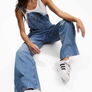 ASOS Denim Boyfriend Overalls in Mid-Blue